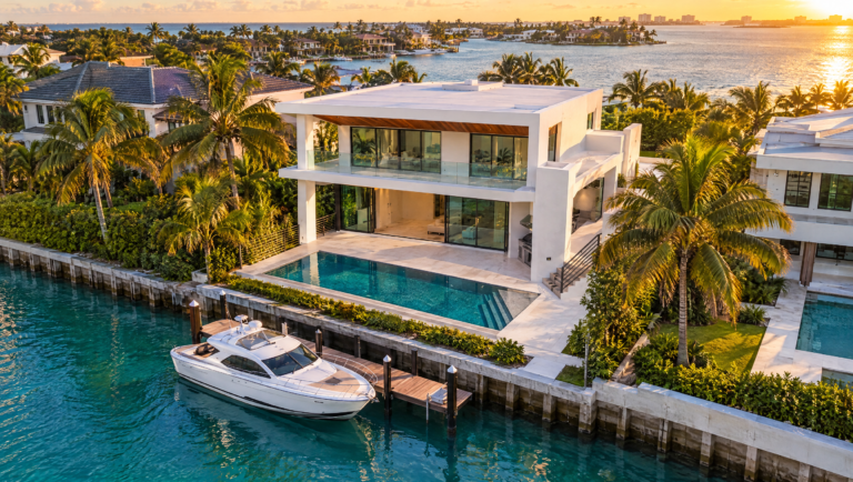 Aerial view of the sample villa, pool and private dock