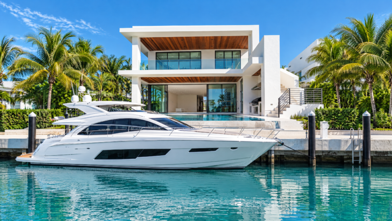 Motor yacht moored at the villa's private dock