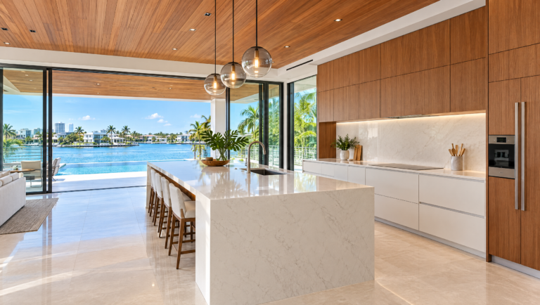 Kitchen with stone island and water views