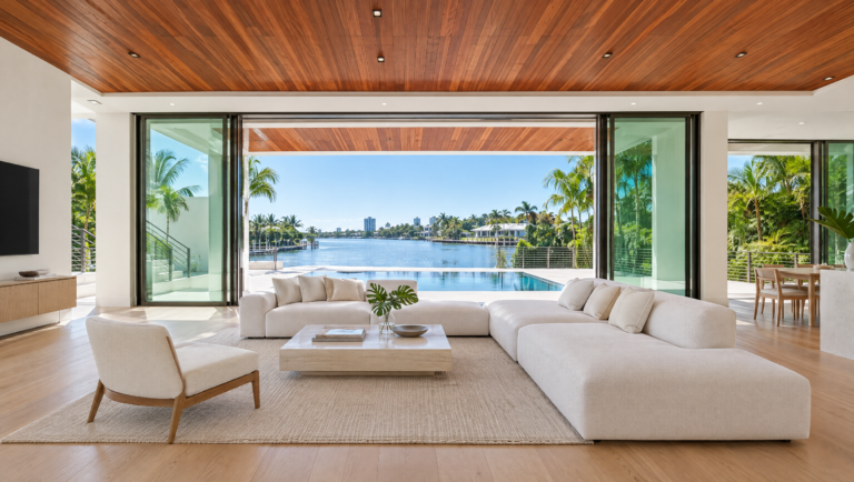 Living room opening onto the pool and waterway
