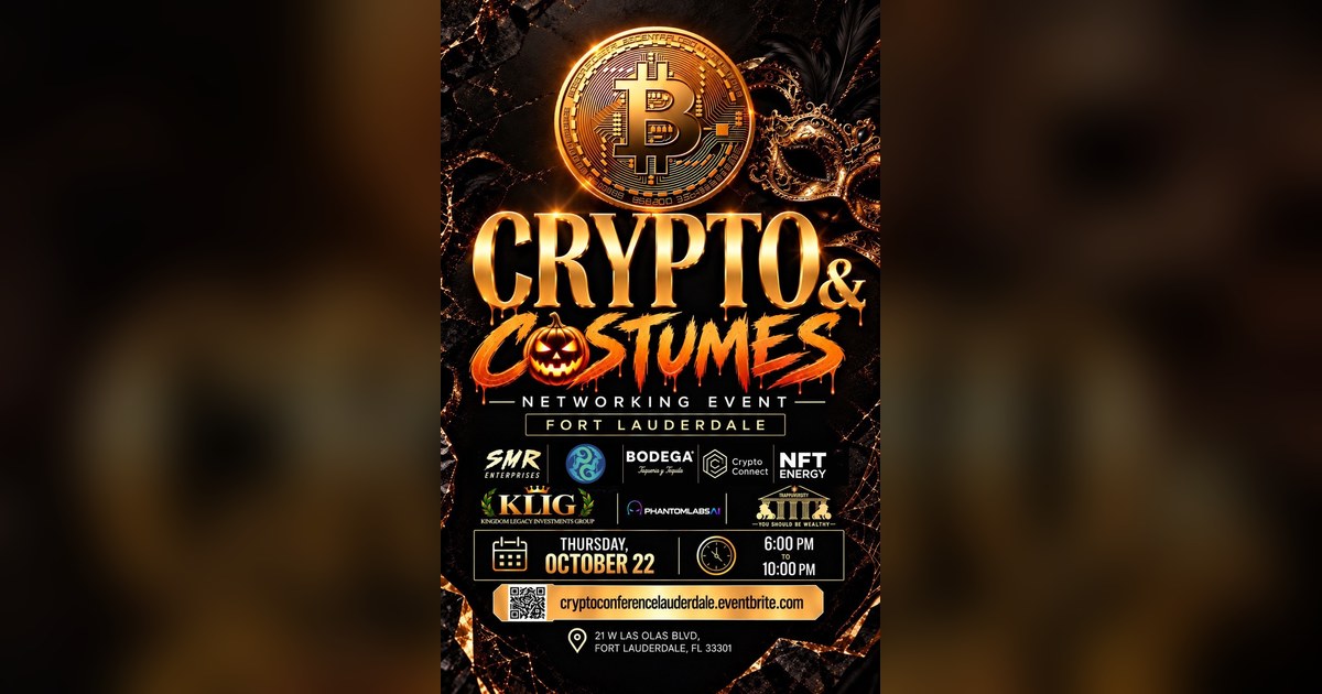 Crypto & Costumes Networking Event flyer, Fort Lauderdale, Thursday October 22, 6 to 10 PM, 21 W Las Olas Blvd